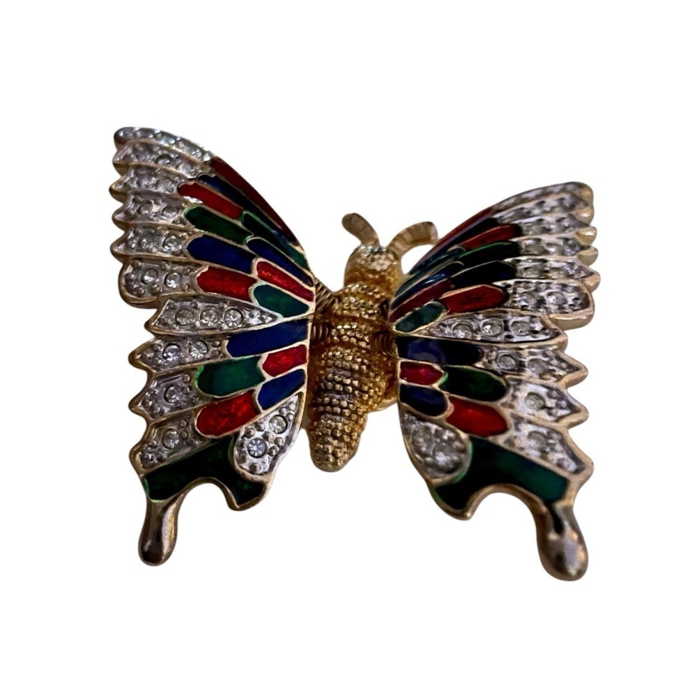 Brooch, Vintage Trembling Butterfly, Gold-Tone, Enameled Wings, Rhinesto…